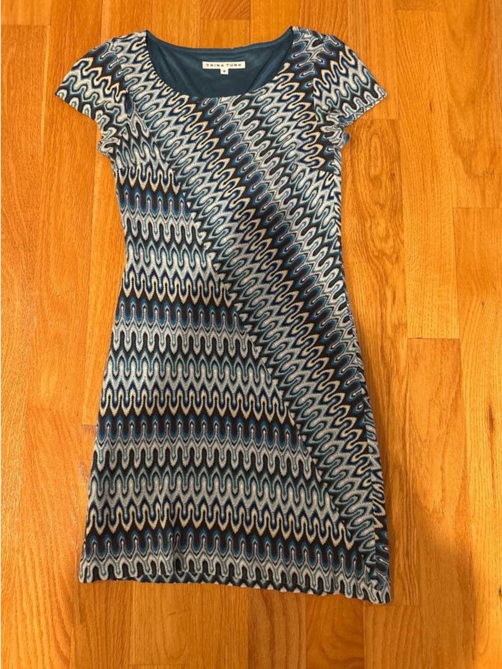 Trina Turk Blue White Wave-Print Cap Sleeve Knit Dress